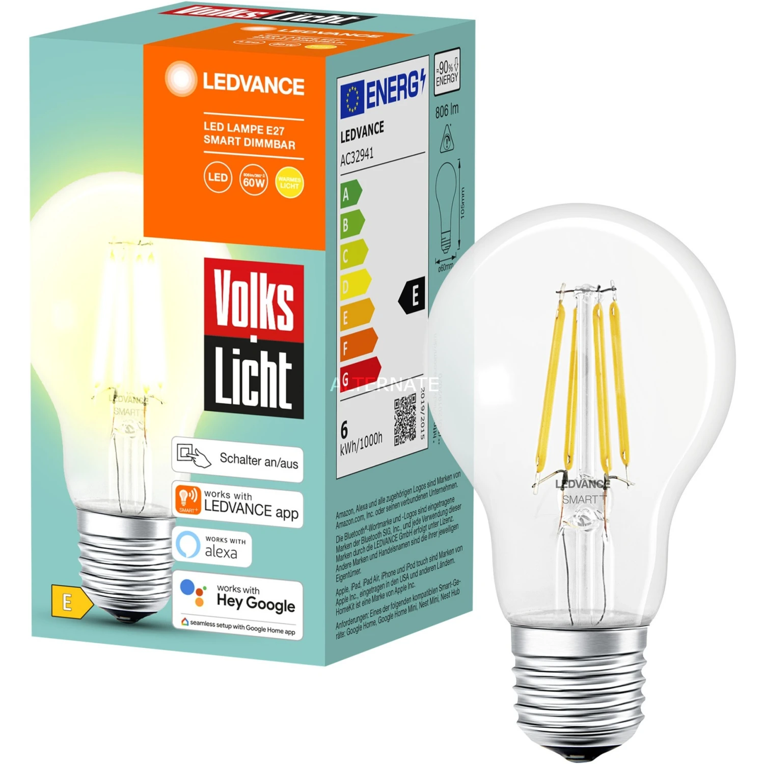 Leuchtmittel LEDVANCE SMART+ BT CLA60 60 6 W/2500K E27, LED-Lampe (Filament, Bluetooth, Ersetzt 60 Watt)