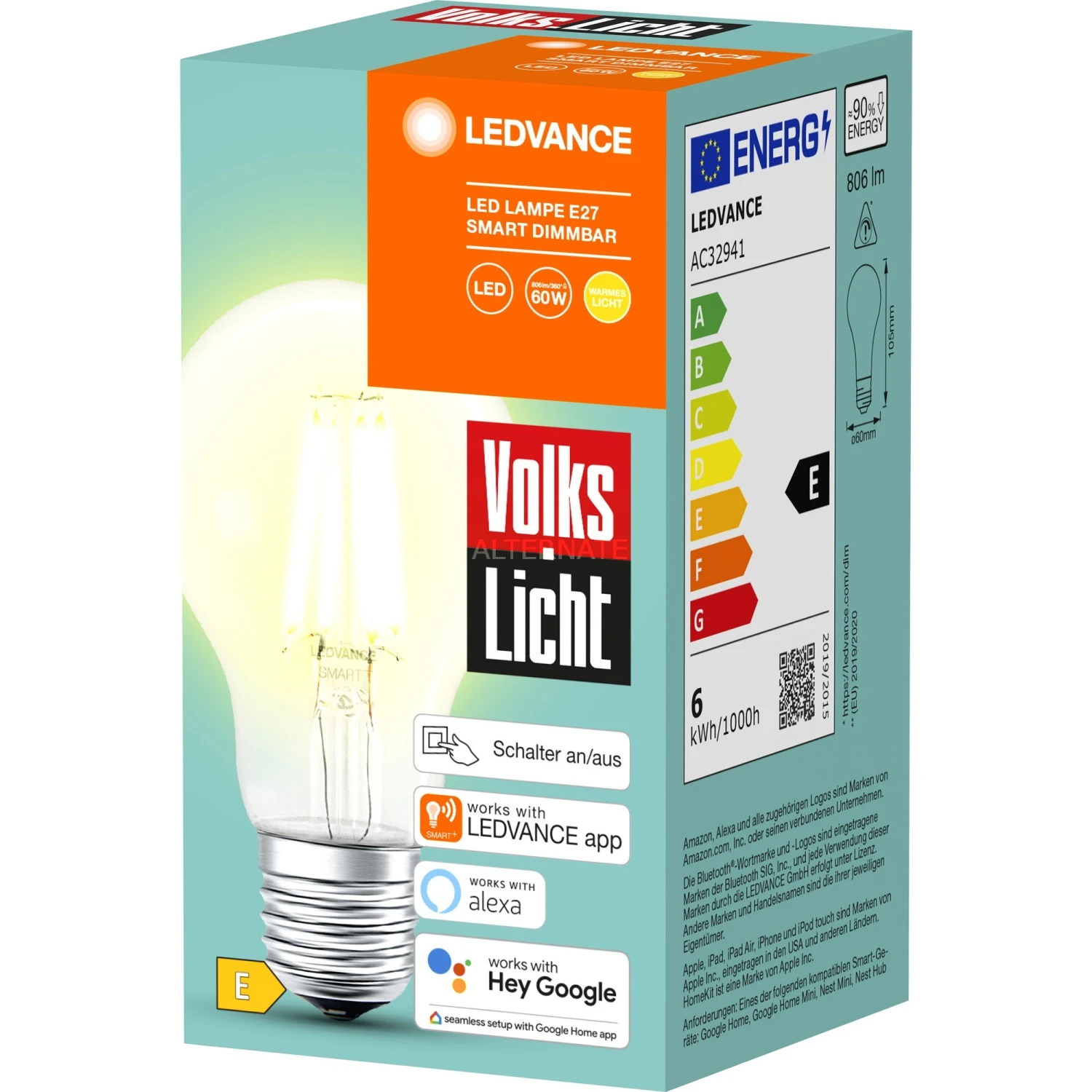 Leuchtmittel LEDVANCE SMART+ BT CLA60 60 6 W/2500K E27, LED-Lampe (Filament, Bluetooth, Ersetzt 60 Watt) – Bild 3