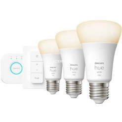 Leuchtmittel Philips Hue White Starter-Kit E27, LED-Lampe (drei Lampen, Eine Hue-Bridge, Ein Dimmschalter, Ersetzt 75 Watt)